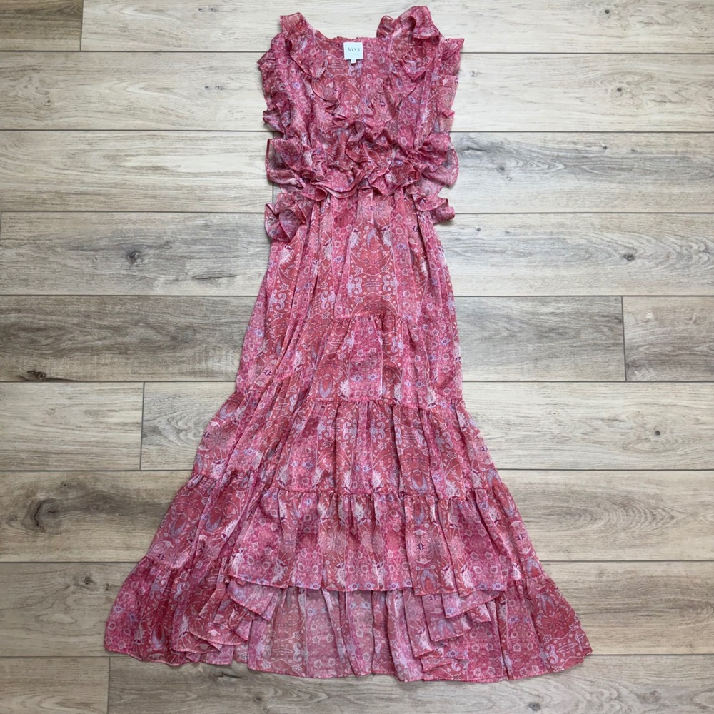 MISA Los Angeles Natasha Dress Pink Floral Ruffle Midi High-Low Coquette‎ Large